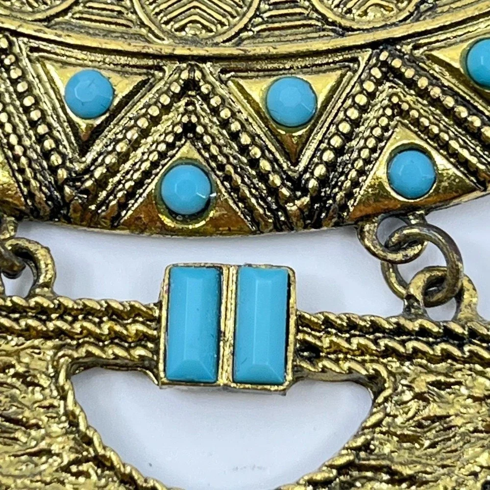 VTG Retro Antique Gold Tone Bib Statement Necklace Boho Turquoise‎ Color Accents